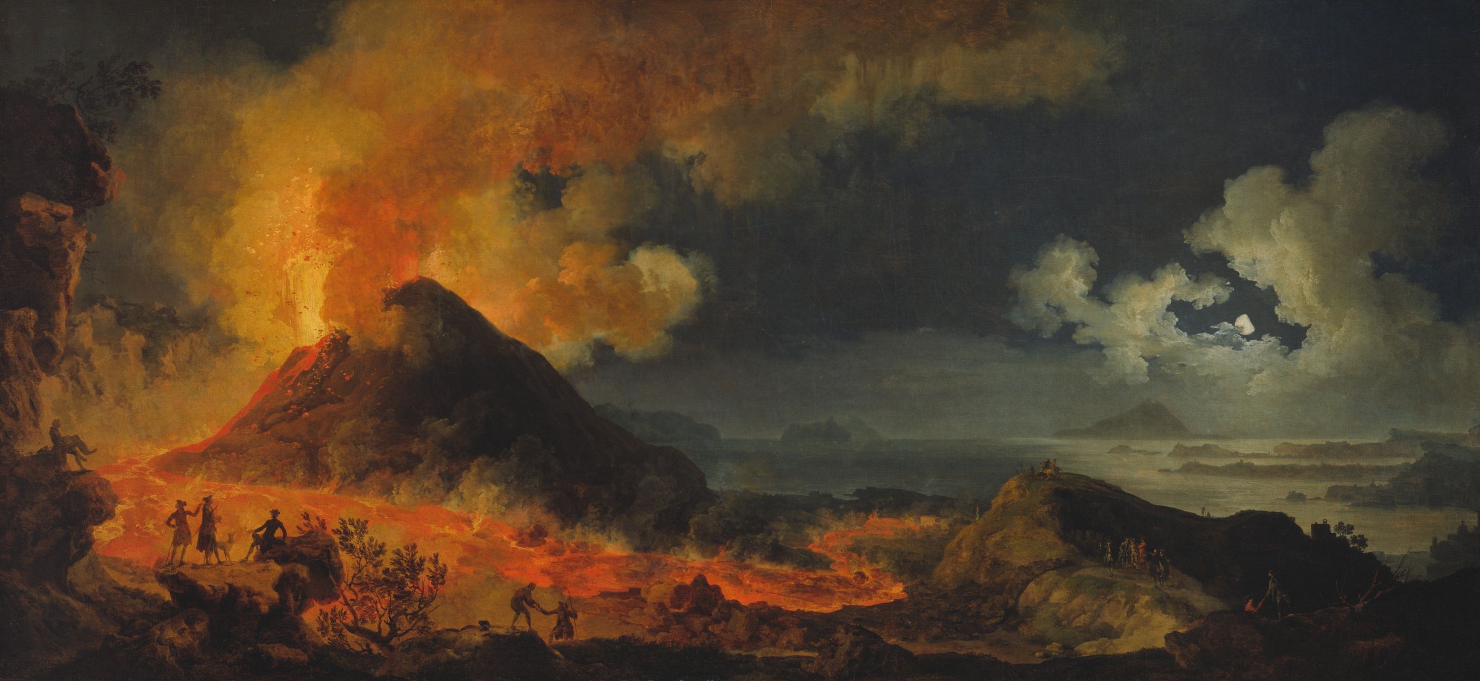 Pintura clássica de uma erupção noturna do Vesúvio, com lava incandescente sobre um mar escuro.